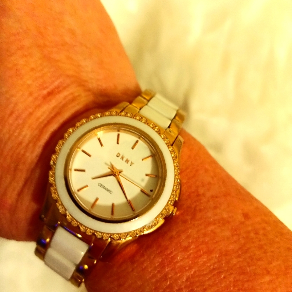 DKNY white and gold tone ceramic women's watch